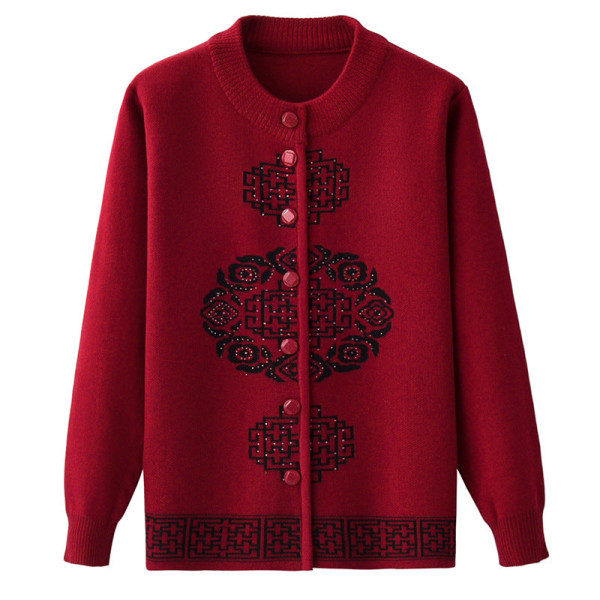 Damestrik Høst Vinter Genser Rød Kåpe for Eldre Fortykning Cardigan Wine Red XL