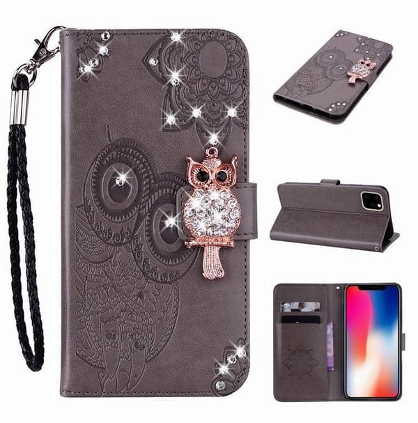 Fodral för iPhone 16 Plus grå präglad uggla diamant kortplats plånbok läder