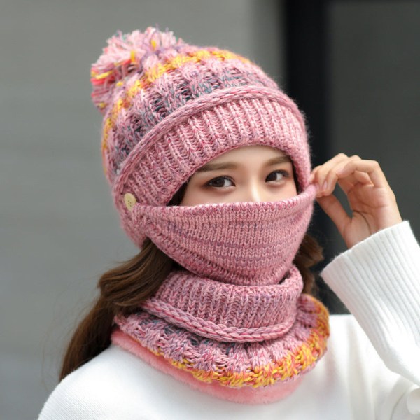 Varm vinterstrikk lue lue ulllue dame høst og vinter koreansk stil utendørs maske skjerf unisex Pink M