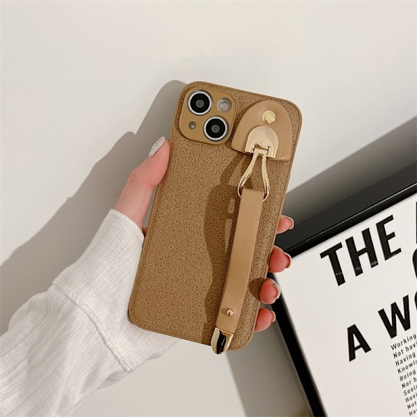 Etui til iPhone 13 Pro TY3 [Månekrater mønster] Khaki armbånd simpelt og stilfuldt læder hård luksus