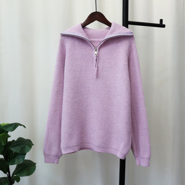 Kvinder Strik Efterår Vinter Sweater Lynlås Lazy Style Pullover Vintage Casual Top Purple 61*106cm