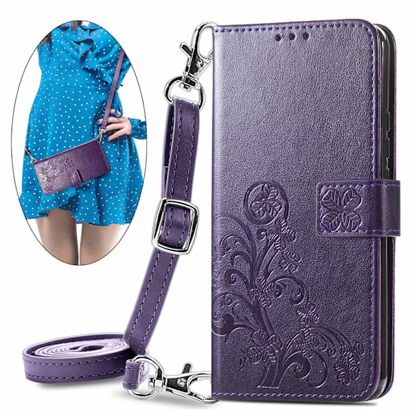 Fodral för iPhone 13 Pro lila präglat läder fyrklöver dragkedja crossbody midja långt snöre