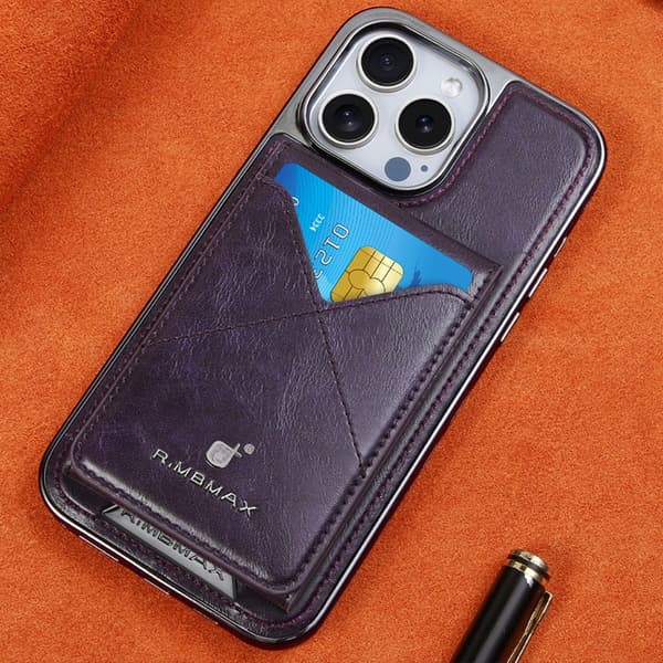 Etui til iPhone 15 magnetisk foldbart kortholder [mørkelilla] high-end fuldlæder