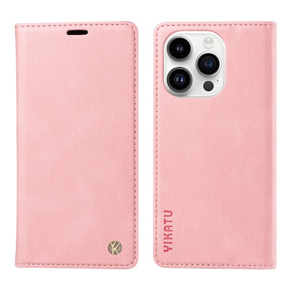 Fodral för iPhone 14 6.1 rosa hudkänsla matt magnetisk sug läder solid flip c