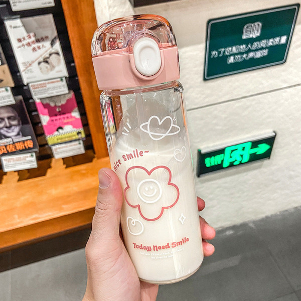 Kids Water Drikkeflaske Søt for barn Enkel gjennomsiktig bærbart glass sprettdeksel personlighet Pink 420ML