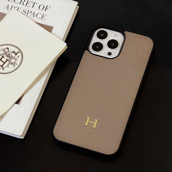 Fodral för iPhone 14plus lychee grain full H khaki läder anti fall nisch