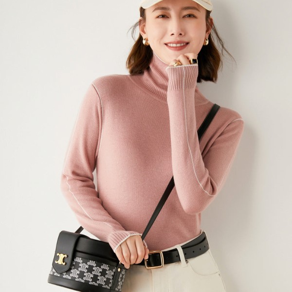 Kvinder Strik Efterår Vinter Sweater Uld Sweater Langærmet Turtleneck Commuter Hvid Sweater Pink L