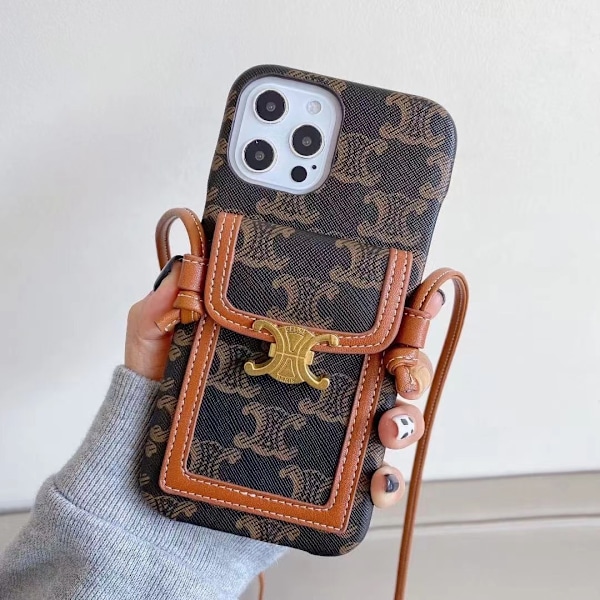 Fodral för iPhone 13 Pro Max läder svart blomma korthållare crossbody gammal axelrem snodd