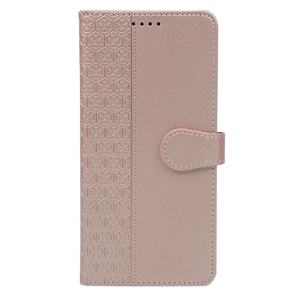 Fodral för iPhone 14 roséguld läder fyrklöver hjärttryck runt spänne