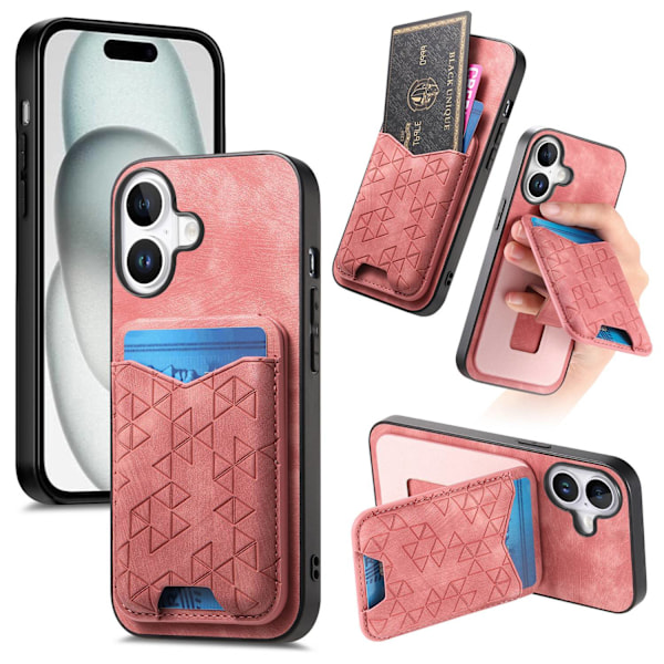 Etui til iPhone 16 pink foldbart stativ kortholder opbevaring almindeligt læder multifunktionelt anti-fald