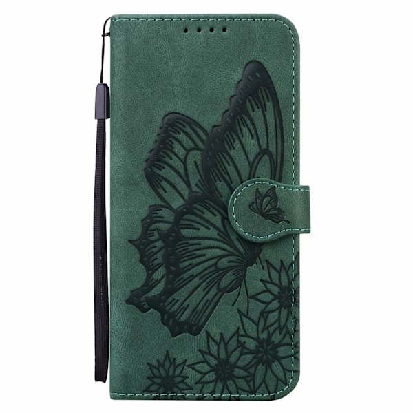 Etui til iPhone 13 Pro Max 6.7 Grøn Vintage Præget Sommerfugl Kortpung Læder