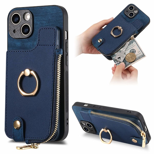 Etui til iPhone 13 Pro Max blå solid kortholder ring