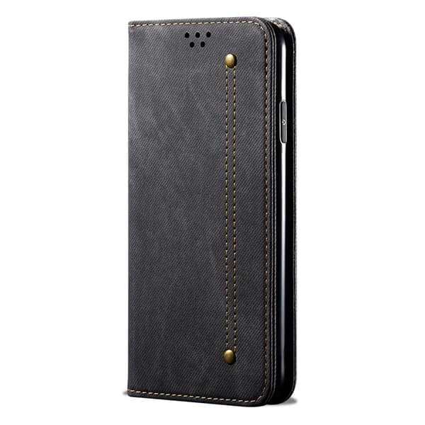 Etui til iPhone 14 Pro, sort denim læder, kortslot, retro