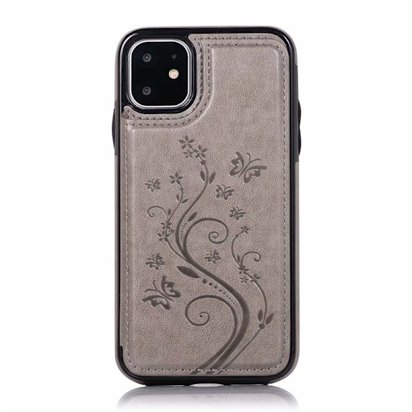 Kotelo iPhone 13 Pro:lle, harmaa, kaksoissolki, kohokuvioitu perhosnahka, kaksoisteline, lompakko, korealainen