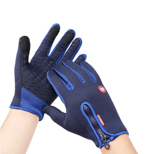 Kvinnor Män Cykelhandskar Utomhus Full Finger Touch Screen Halkfri vattentät bergsklättring Cykling zipper double layer Blue XL