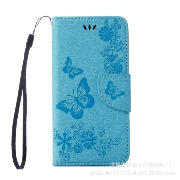 Etui til iPhone 13 Pro Max himmelblå præget sommerfugl kortslot flip læderpung