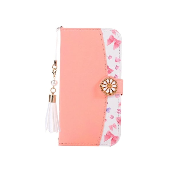 Etui til iPhone 14 Plus B type rosa blomstret kort snor lær flip