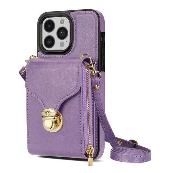 Fodral för iPhone 13 Pro Max lila snodd dragkedja crossbody spänne plånbok stativ multi kort full