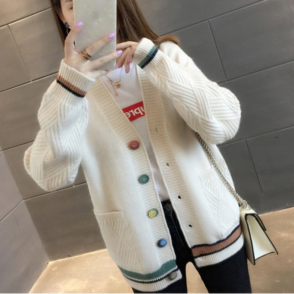 Damestrik efterår vinter sweater løs koreansk stil V-hals matchende lille cardigan frakke Yellow 58*100*45cm