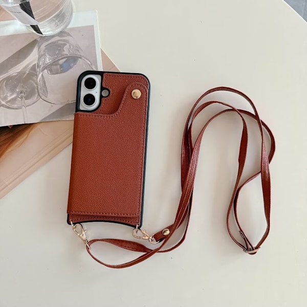 iPhone 15 Pplus ruskea crossbody fishtail monikortti täysi anti-fall -kotelo