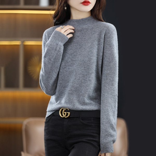 Kvinder Strik Efterår Vinter Sweater Uld Løs Mock Neck Bottoming Shirt Pullover Langærmet Gray L