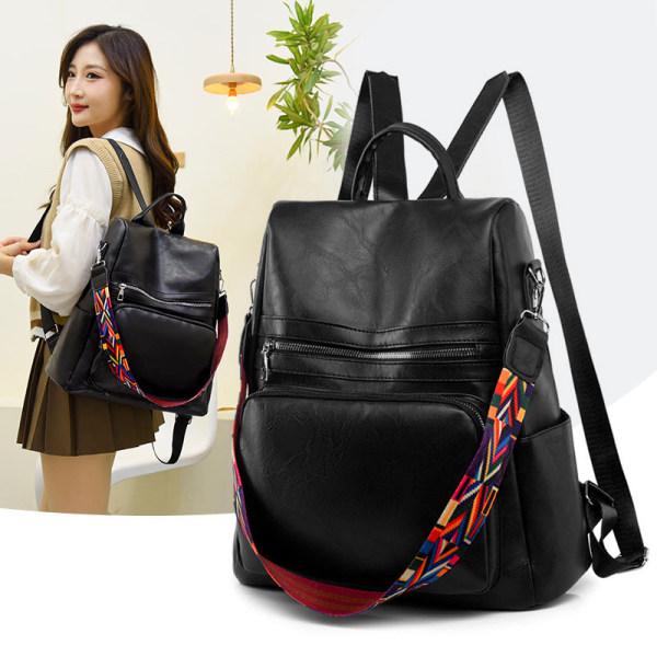 Kvinner jente ryggsekk skulderveske skolesekk Casual Large Capacity Pu Soft Leather Black 34*35*14cm