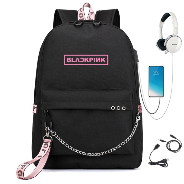 Rygsæk Student Skoletaske Udendørs Rejse Rygsæk Sportstaske Chain black BLACKPINK 16-inch