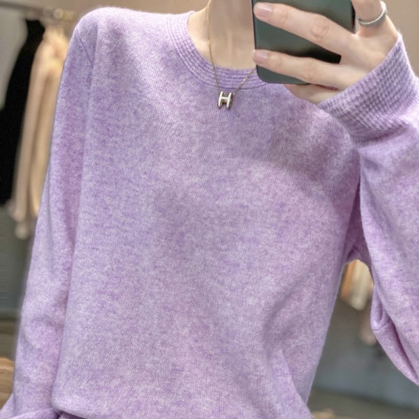 Kvinder Strik Efterår Vinter Sweater Rund Hals Indvendig Base Skjorte Hestehoved ærme Løs Purple L