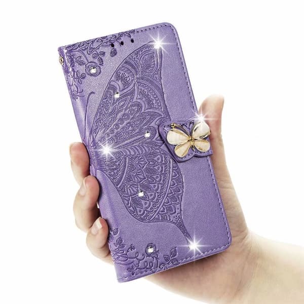 Etui til iPhone 14 lys lilla diamant 3D blomst sommerfugl læder præget disk