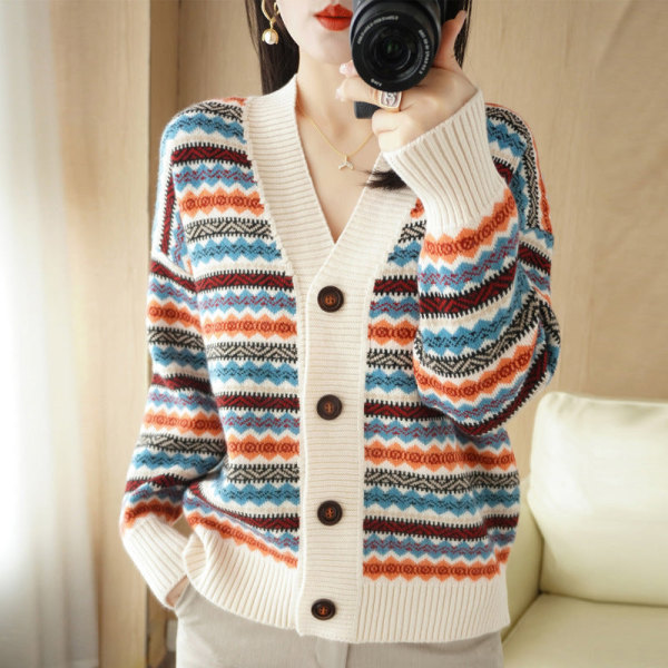 Strikkevarer for kvinner Høst Vinter Genser Koreansk stil V-hals Etnisk stil Jacquard strikket cardigan Beige XL