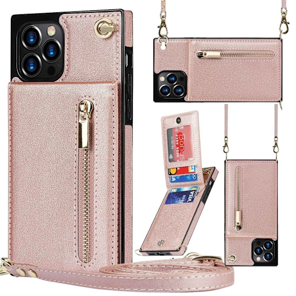 Fodral för iPhone 14 Roséguld Crossbody Dragkedja Läder Kortplats