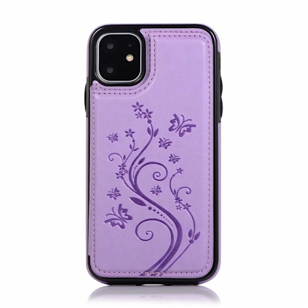 Fodral för iPhone 14 lila dubbelspänne präglat fjäril läder dubbelt stativ plånbok koreansk