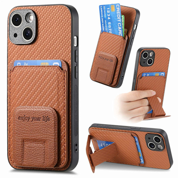 Fodral för iPhone15 Plus brun enkel hållare solid kolfiber kortplats vanligt läder