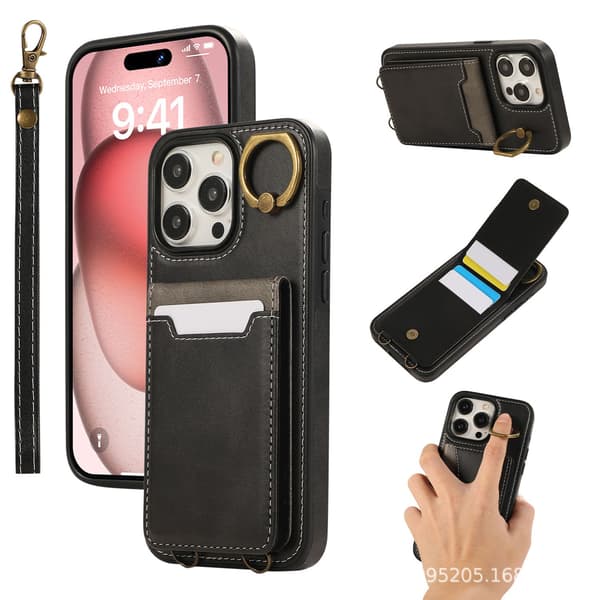 Etui til iPhone 16 Plus sort kortslot multifunktionelt læder
