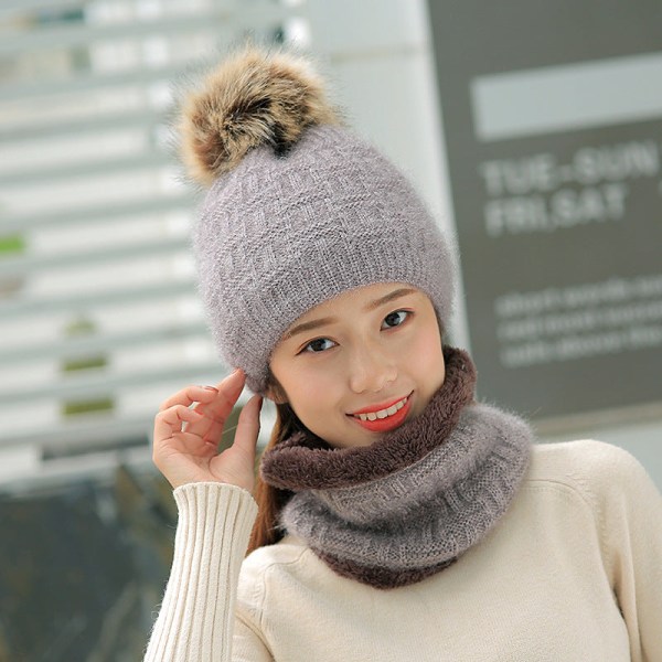 Varm vinterstickad mössa förtjockad Söt cap med boll för kvinnor Koreansk stil mode unisex Gray Hat scarf [fleece-lined] M