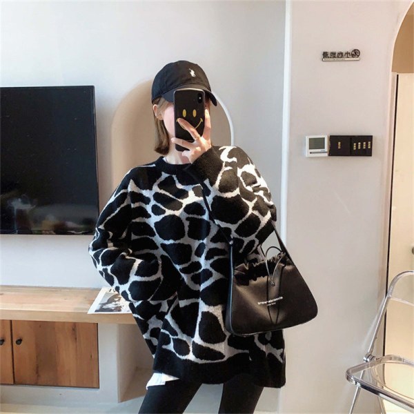 Kvinder Strik Efterår Vinter Sweater Leopard Print rund hals Mode Løstsiddende overtøj Top Black M
