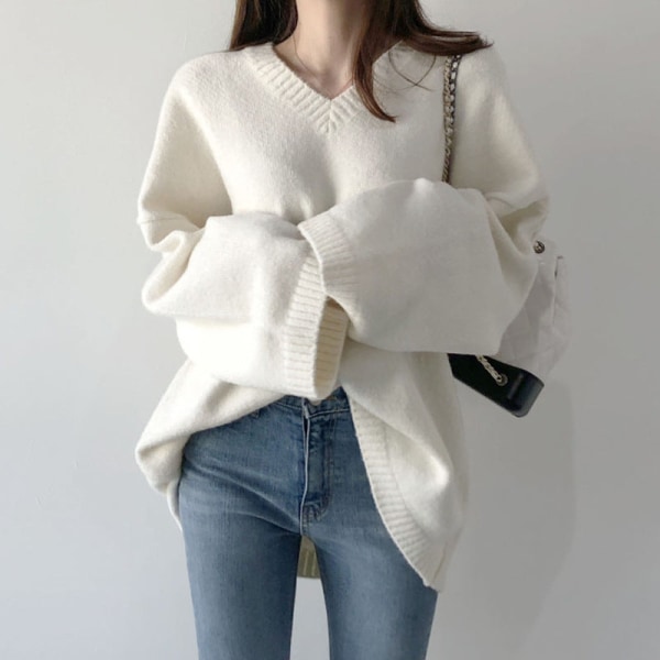 Kvinnor Stickad Höst Vinter Tröja V-ringad Pullover Lös Idle Style Mellanlånga Ytterkläder Black 62*59*114cm