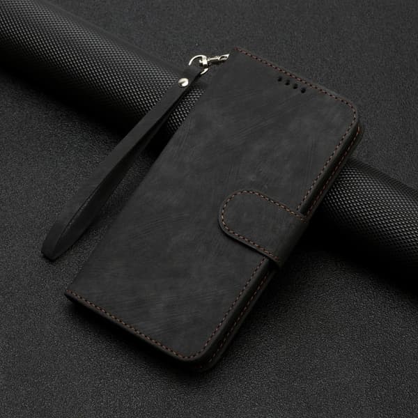 Fodral för iPhone 14 Plus randigt dubbelvikt kant svart solid kantläder