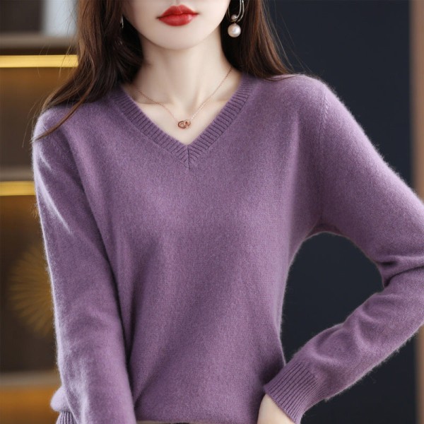 Kvinder Strik Efterår Vinter Sweater Fuld Uld V-hals Bund Løs Pullover Slankende Lange ærmer Dark purple XL