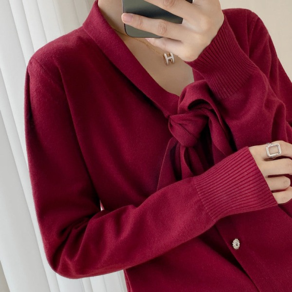 Kvinnor Stickat Höst Vinter Tröja Fjärilskrage Band Skjorta Tröja Enfärgad Lös kofta Sauce red XL