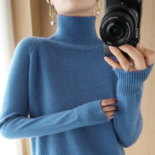 Damestrikk Høst Vinter Genser Koreansk Stil Tykket Turtleneck Raglan Bunnskjorte Løs Haze blue XL