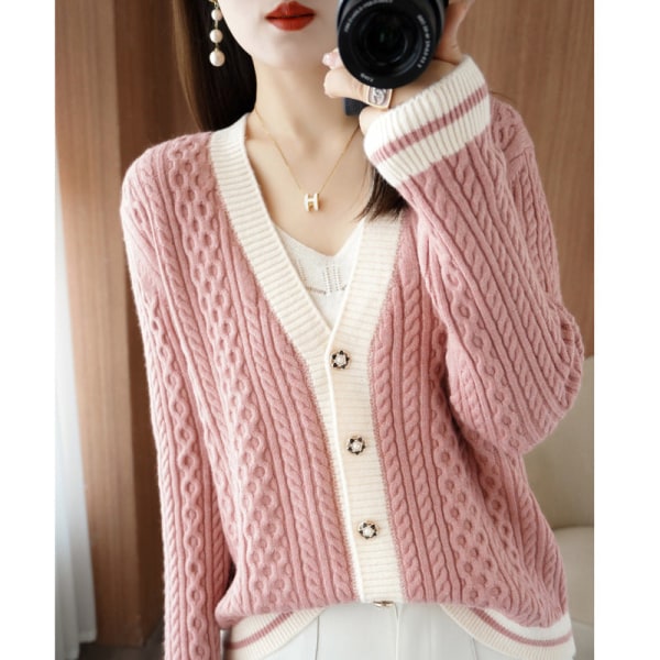 Kvinder Strik Efterår Vinter Sweater V-hals Farveblok Twisted Cardigan Baggy Coat Pink L