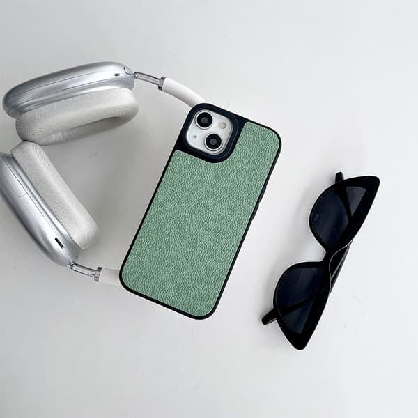 Etui til iPhone 14Pro stor pore lædertekstur enkelt skal grøn solid silikone tynd simpel