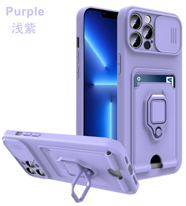 Etui til iPhone 15 Plus lilla multifunksjon skyvevindu ring kortholder