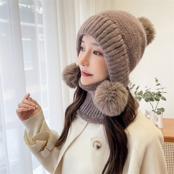 Varme vinterstrikkede huehatte Kuldebeskyttelse i efterår og vinter Fleeceforet fortykket pels Ørebeskyttelsestørklæde unisex Gray Pearl three balls Thin Cap M