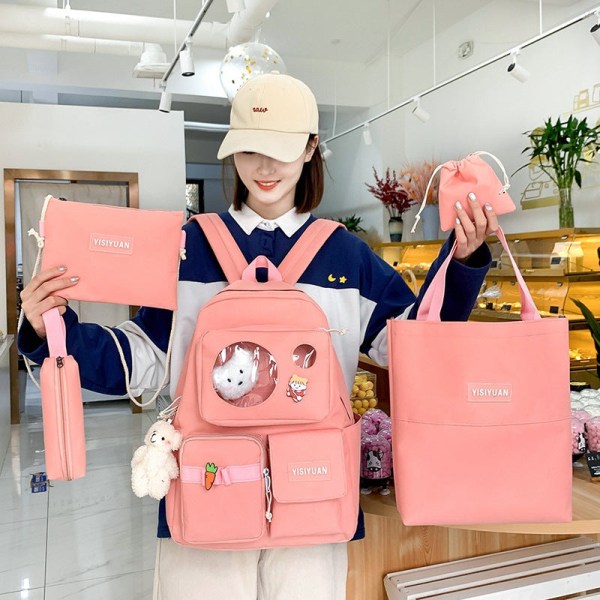 Opiskelijatytön reppu olkalaukku koululaukku korealainen tyyli set karhunukke yläkoulun set Pink