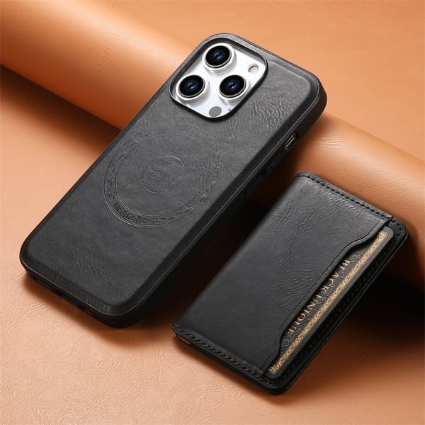 Fodral för iPhone15 Plus svart magnetiskt läder kortplats avtagbart
