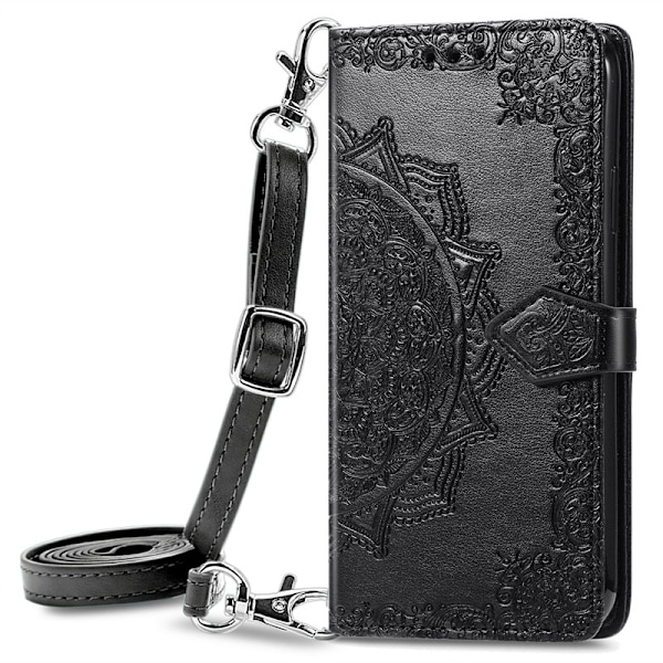Etui til iPhone 13 Pro sort mandala læder lang crossbody lanyard præget