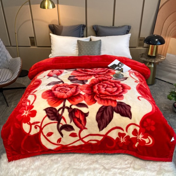 Tæppe Fortykkelse Vinter Dobbeltlag Raschel Coral Fleece Tæppe Dyne Happiness bloom 180*220cm