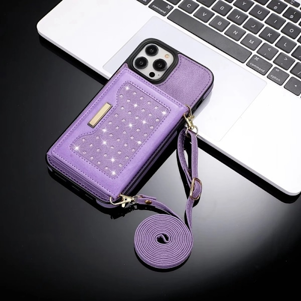 Kotelo iPhone 14 Pro:lle, kolmiosainen kaulanauhakassi, violetti kolmiosainen kassi, timanttikorttipidike